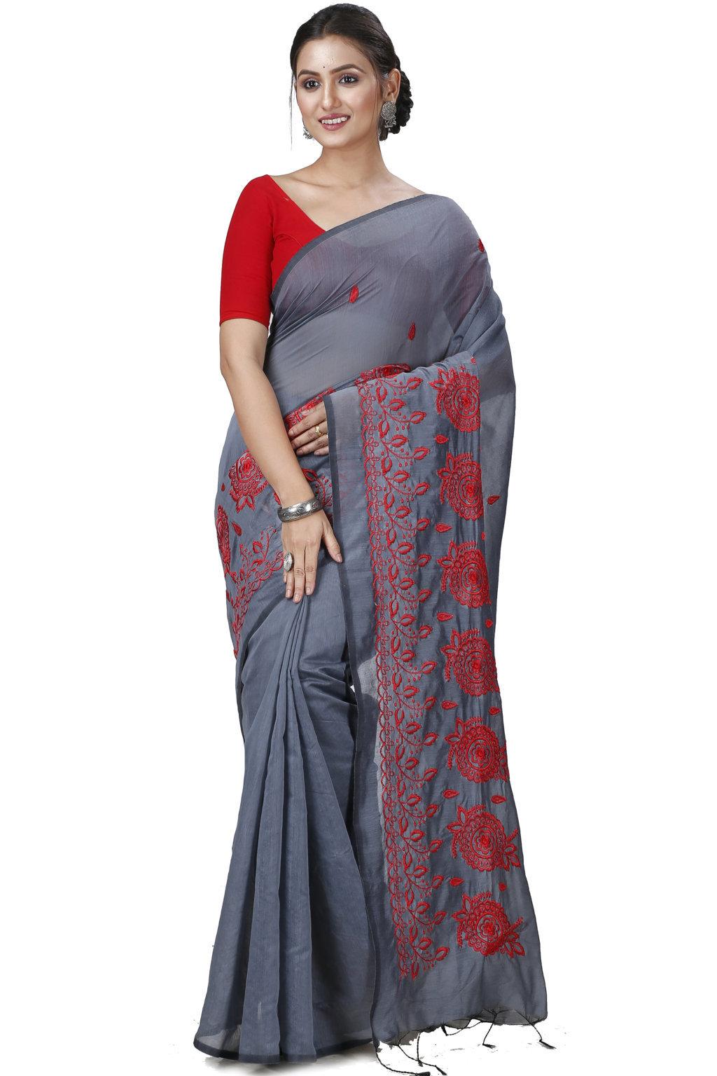 Grey Blended Cotton Tabu Hand Loom Saree (1241)